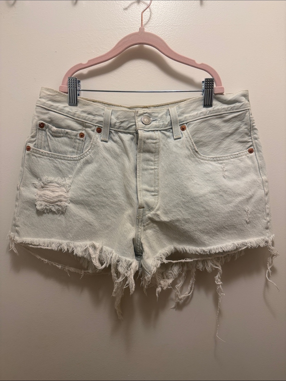 Levi's light blue (almost white) Distressed Denim Cutoff Shorts